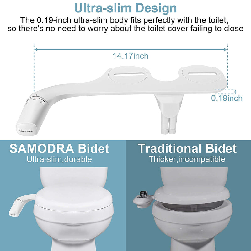 "SAMODRA Ultra-Slim Bidet Attachment: Dual Nozzle, Adjustable, Non-Electric"