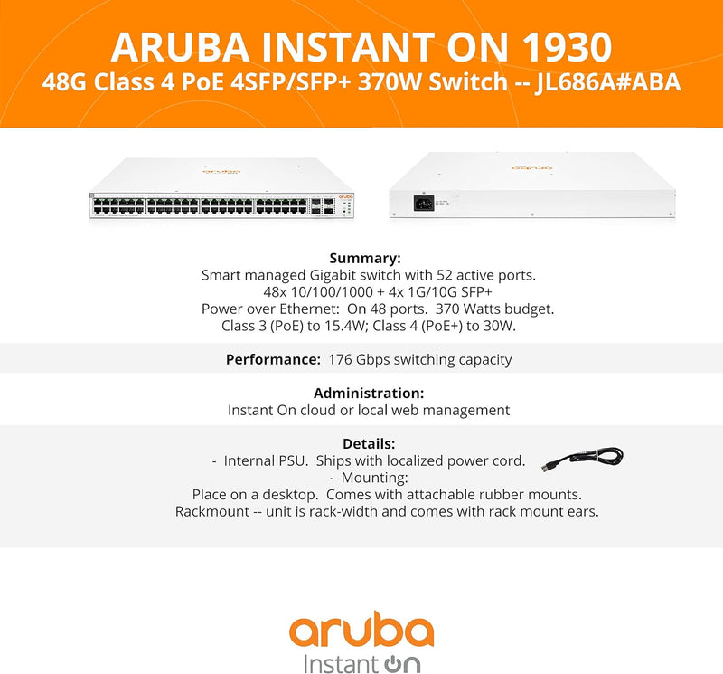 Aruba JL686A Smart Instant On 1930 48G Class4 PoE 4SFP/SFP+ 370W Switch