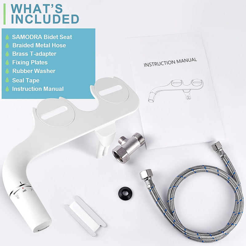 "SAMODRA Ultra-Slim Bidet Attachment: Dual Nozzle, Adjustable, Non-Electric"