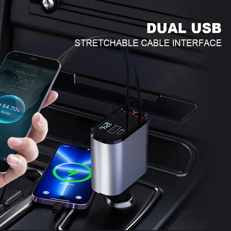 Charge All Your Devices at Once with the 120W 4 in 1 Retractable Car Charger USB Type C Cable for iPhone, and Samsung