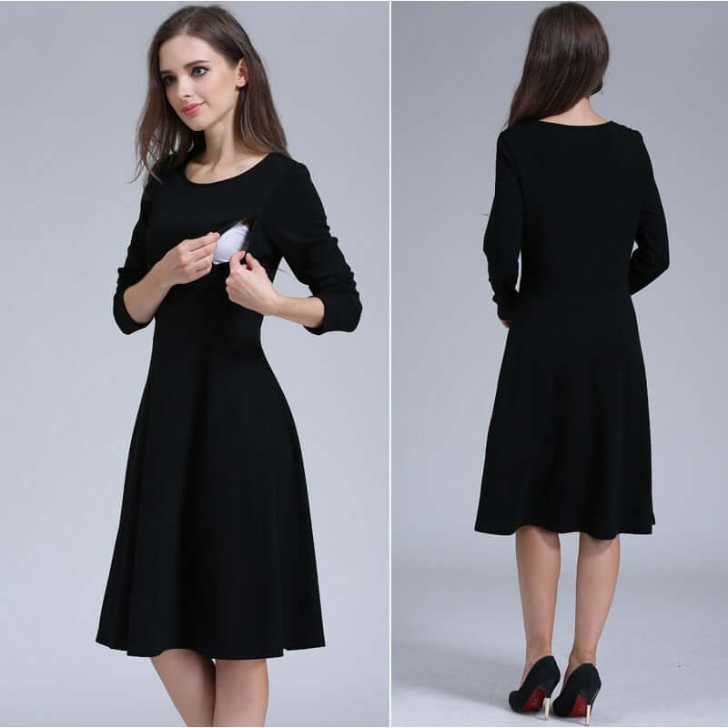 "Comfortable O-Neck Maternity Nursing Dress with Long Sleeves"