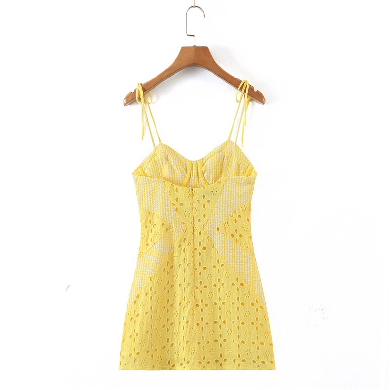 Woman Slim Backless Hollow Embroidery Stitching Strap Mini Dress