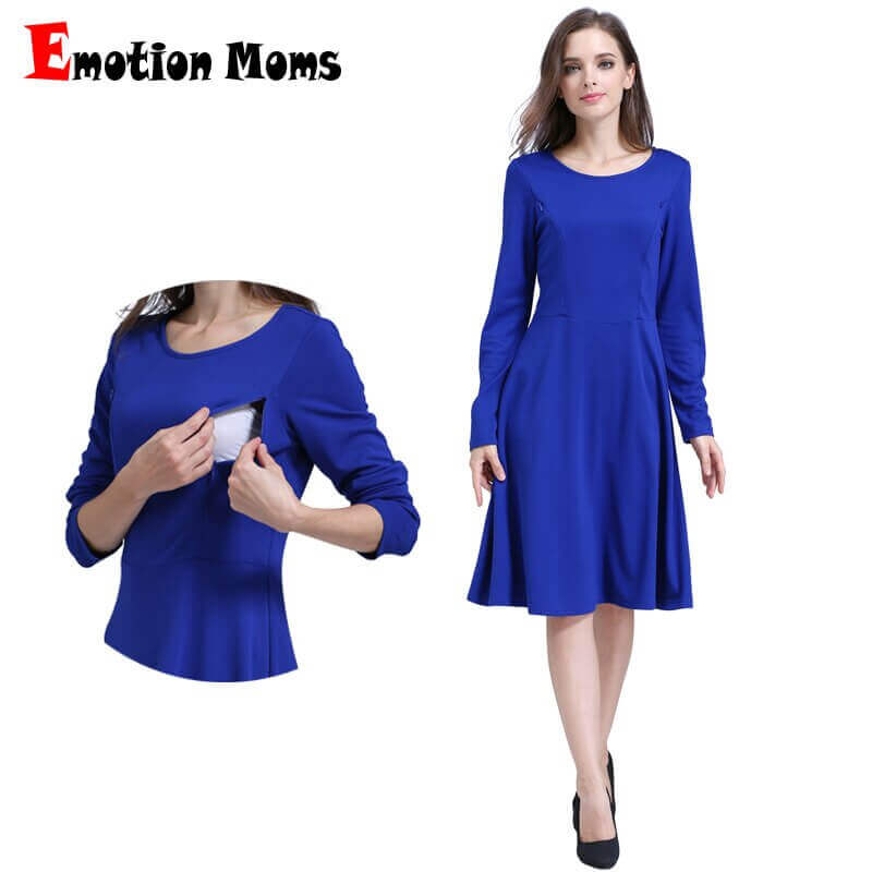 "Comfortable O-Neck Maternity Nursing Dress with Long Sleeves"