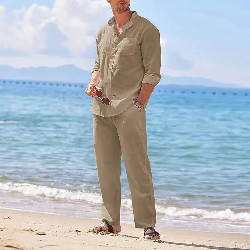 "Men's Classic Two-Piece Suit: Casual Cotton Linen Set"