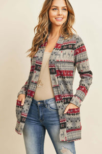 Boho Print Long Sleeved Front Pocket Open Cardigan