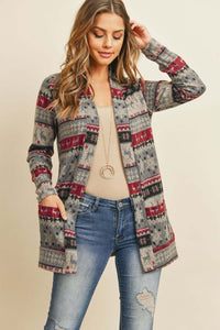 Boho Print Long Sleeved Front Pocket Open Cardigan