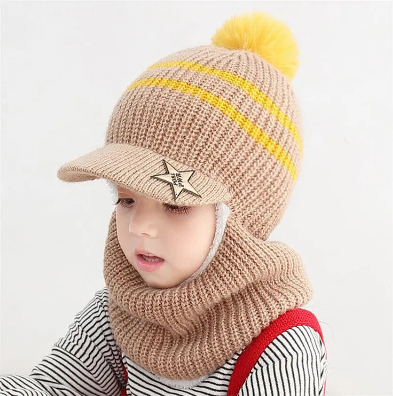 Knit Short Hooded Scarf Kids Hat and Warm Protection Ear Cap Scarves Girls Boy