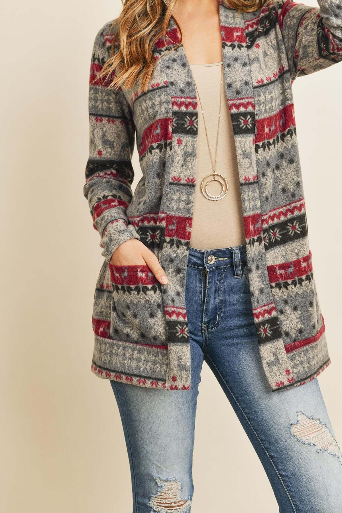 Boho Print Long Sleeved Front Pocket Open Cardigan