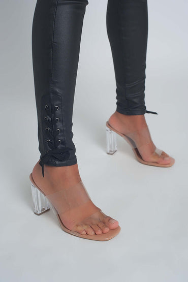 Lace-Up Hem Black Leather-Look Trousers