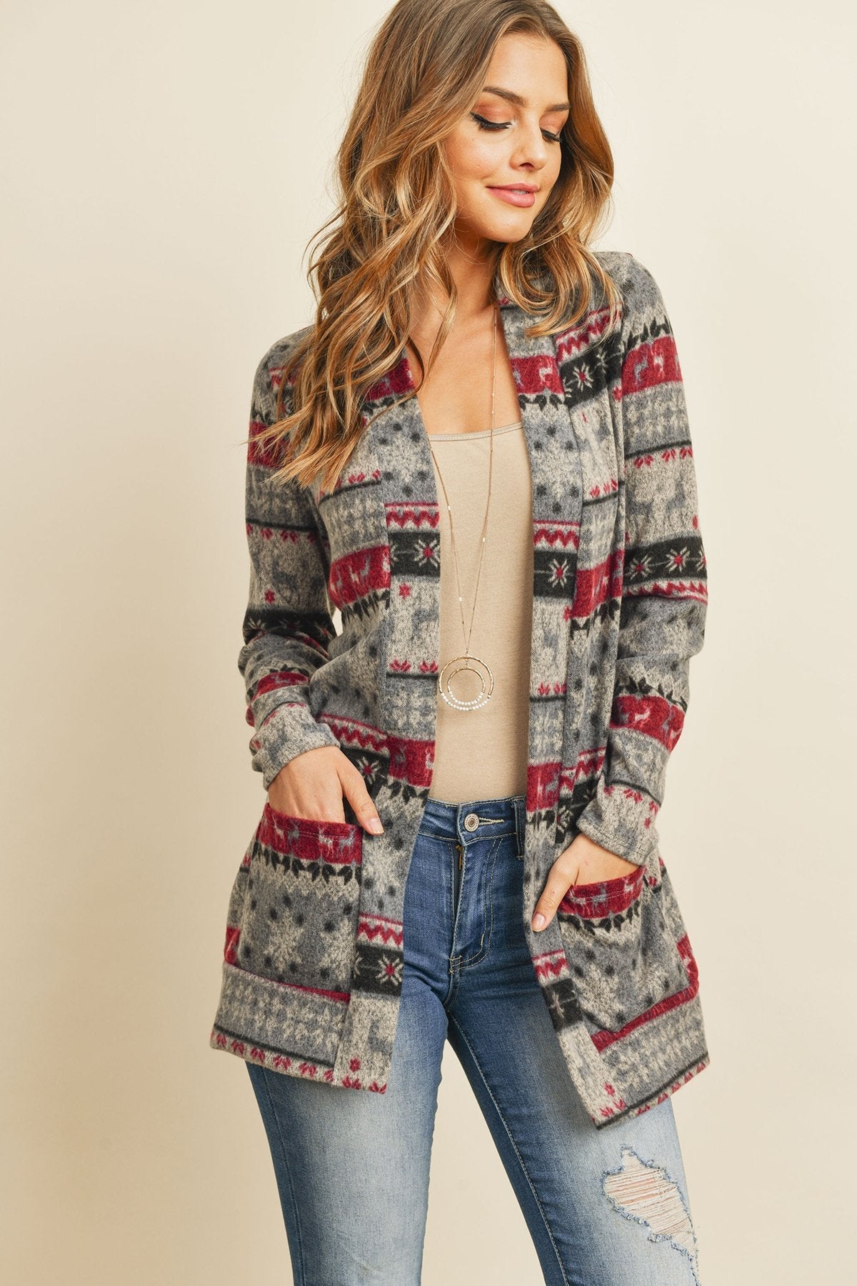 Boho Print Long Sleeved Front Pocket Open Cardigan