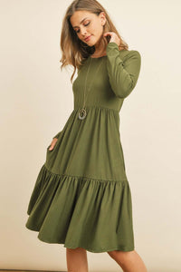 Solid Long Sleeve Double Layered Ruffle Dress