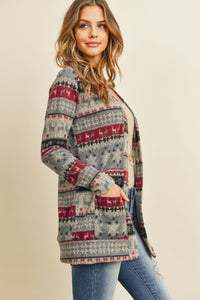 Boho Print Long Sleeved Front Pocket Open Cardigan