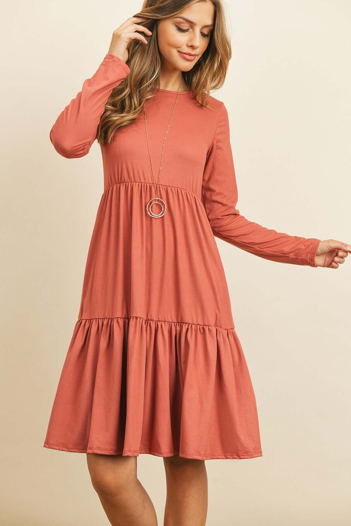 Solid Long Sleeve Double Layered Ruffle Dress