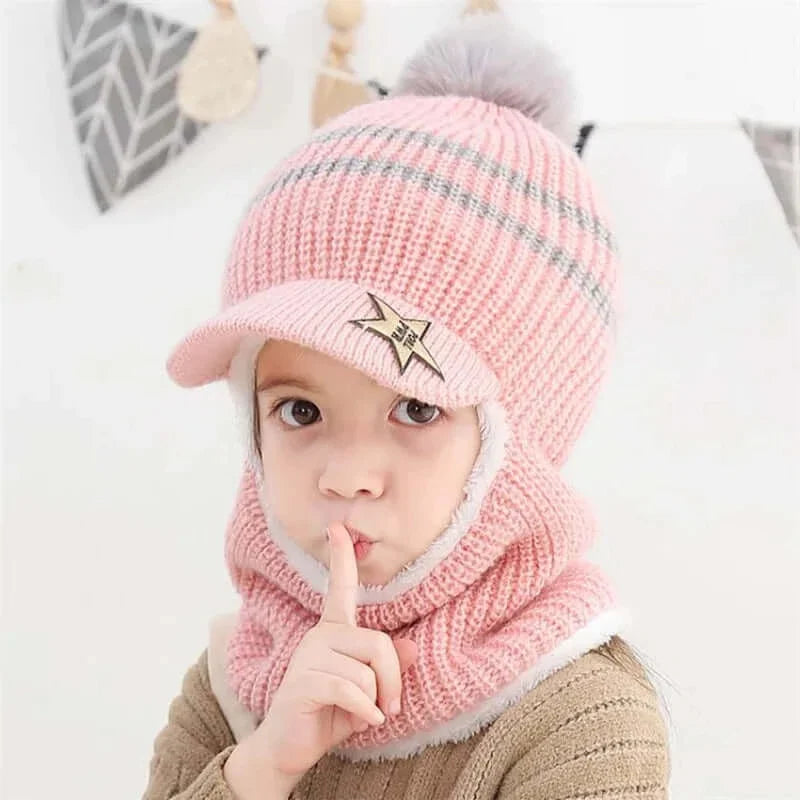 Knit Short Hooded Scarf Kids Hat and Warm Protection Ear Cap Scarves Girls Boy