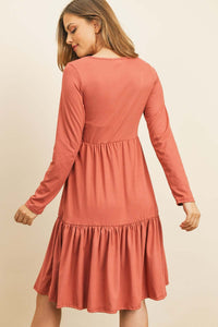 Solid Long Sleeve Double Layered Ruffle Dress