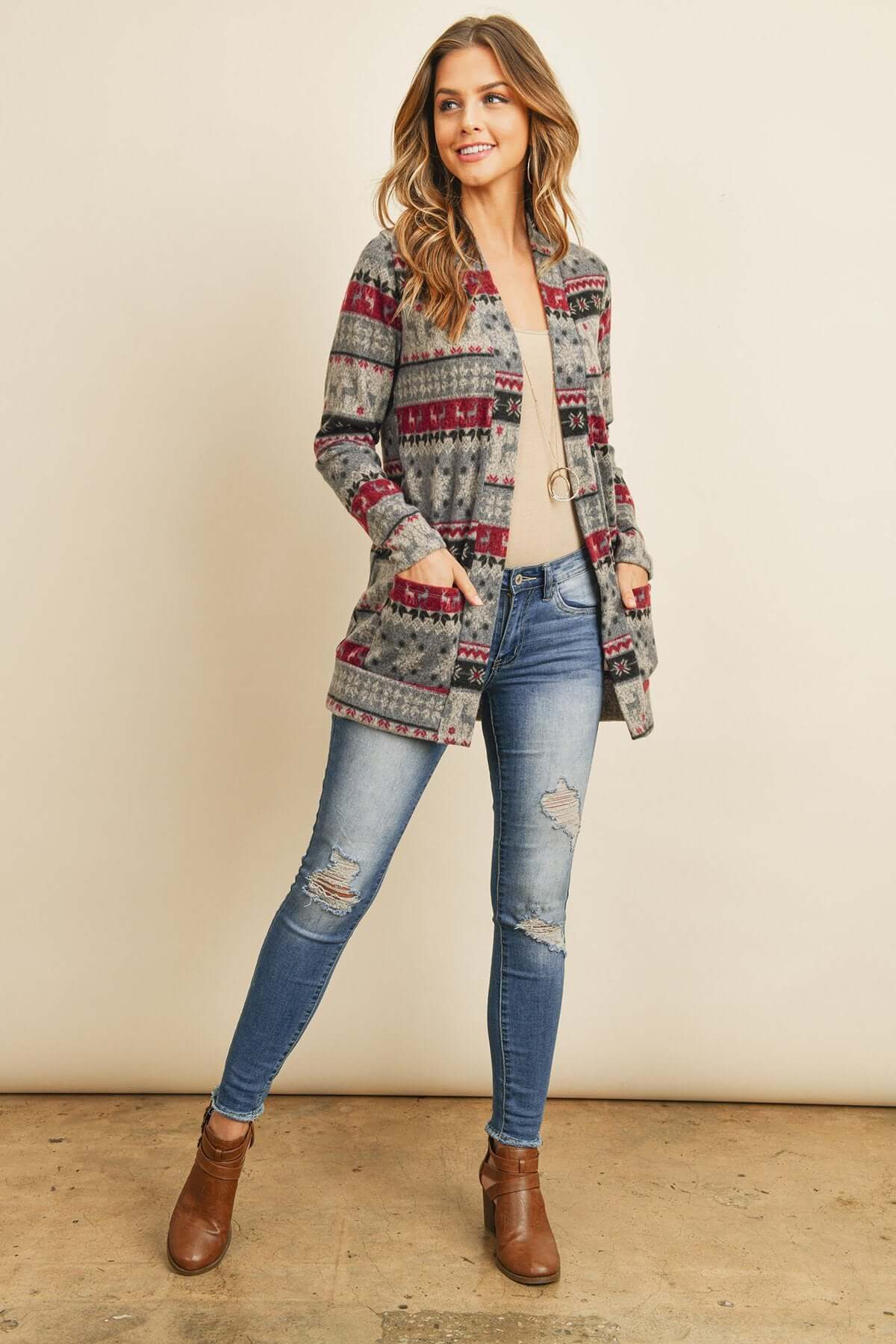 Boho Print Long Sleeved Front Pocket Open Cardigan