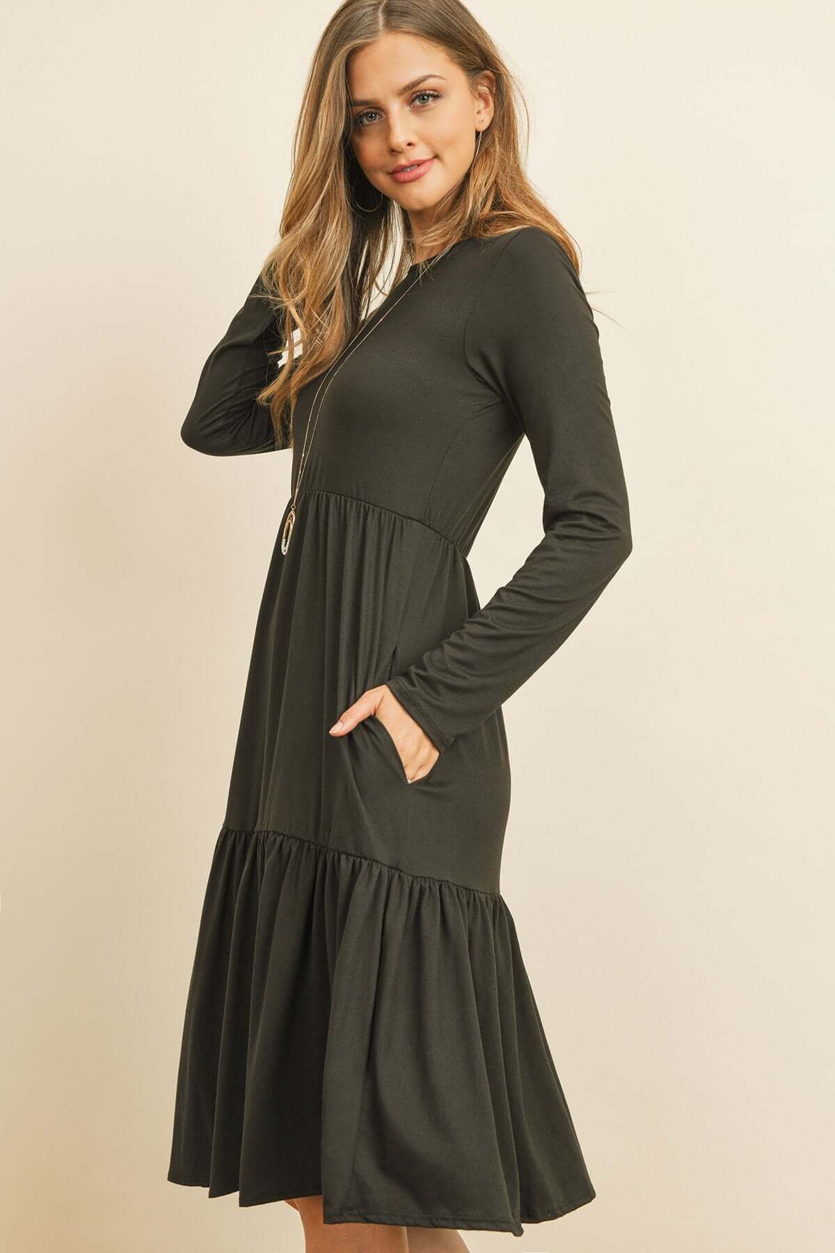 Solid Long Sleeve Double Layered Ruffle Dress