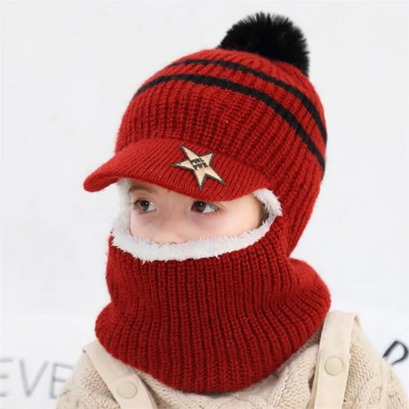 Knit Short Hooded Scarf Kids Hat and Warm Protection Ear Cap Scarves Girls Boy