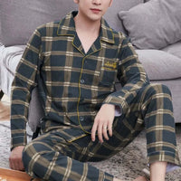 "Men's Long Sleeve Cotton Pajama Set - Cozy Autumn/Winter Loungewear"