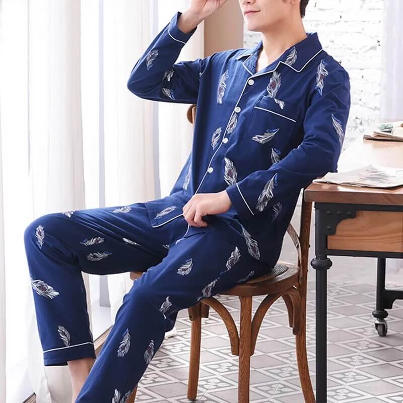 "Men's Long Sleeve Cotton Pajama Set - Cozy Autumn/Winter Loungewear"