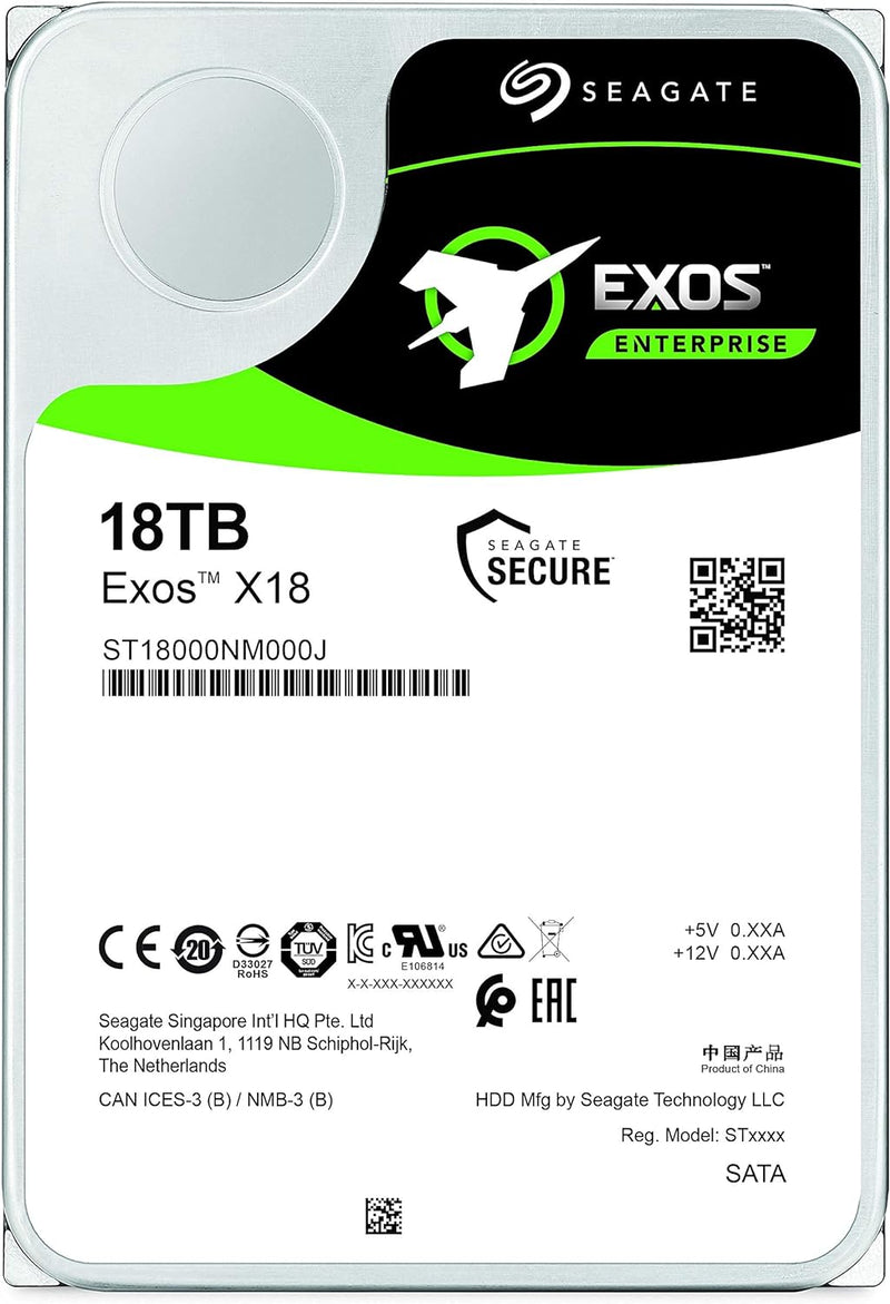 Exos X18 16TB Enterprise HDD - CMR 3.5 Inch Hyperscale SATA 6Gb/S, 7200 RPM, 512E and 4Kn Fastformat, Low Latency with Enhanced Caching (ST16000NM000J)