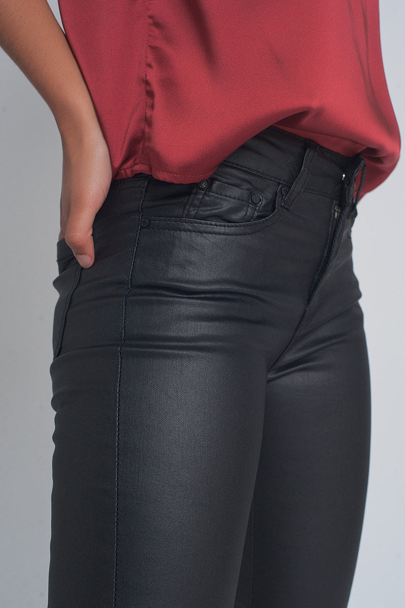 Lace-Up Hem Black Leather-Look Trousers