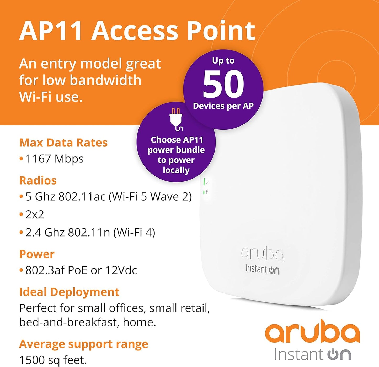 Aruba Instant On AP11 2x2 WiFi Access Point | US Model | Power Source Not Included (R2W95A)