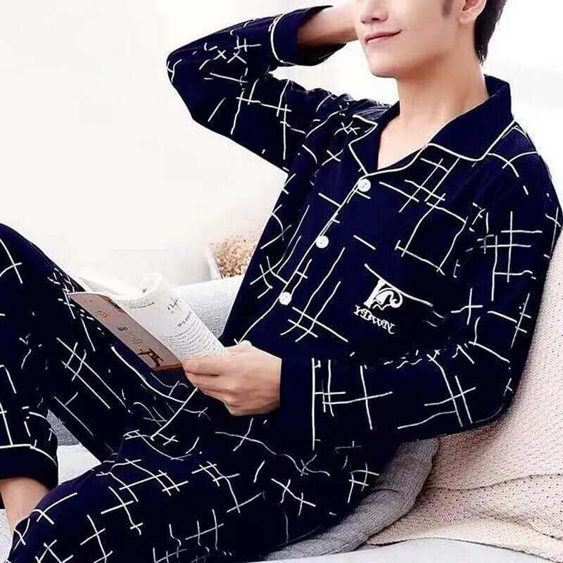 "Men's Long Sleeve Cotton Pajama Set - Cozy Autumn/Winter Loungewear"