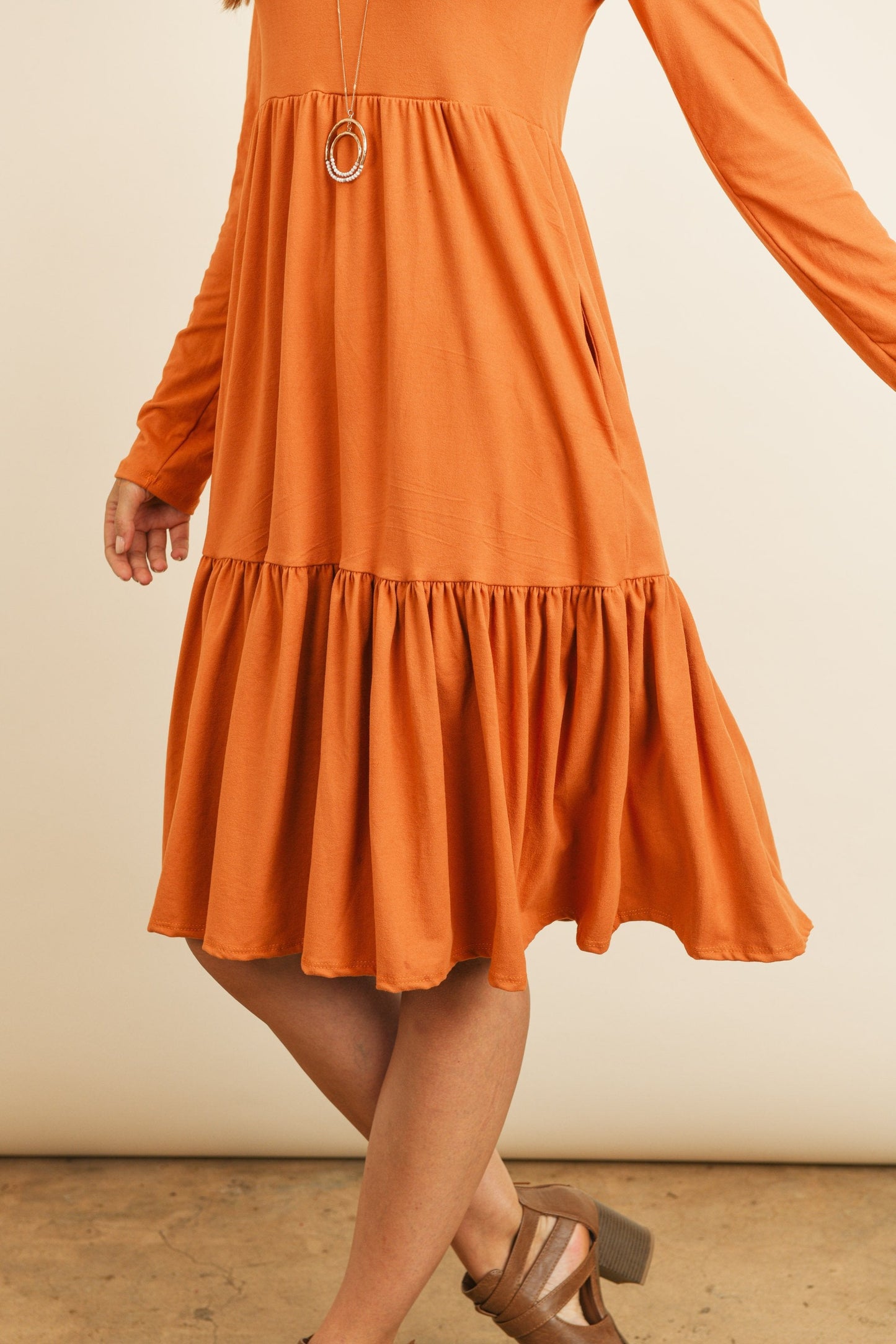 Solid Long Sleeve Double Layered Ruffle Dress