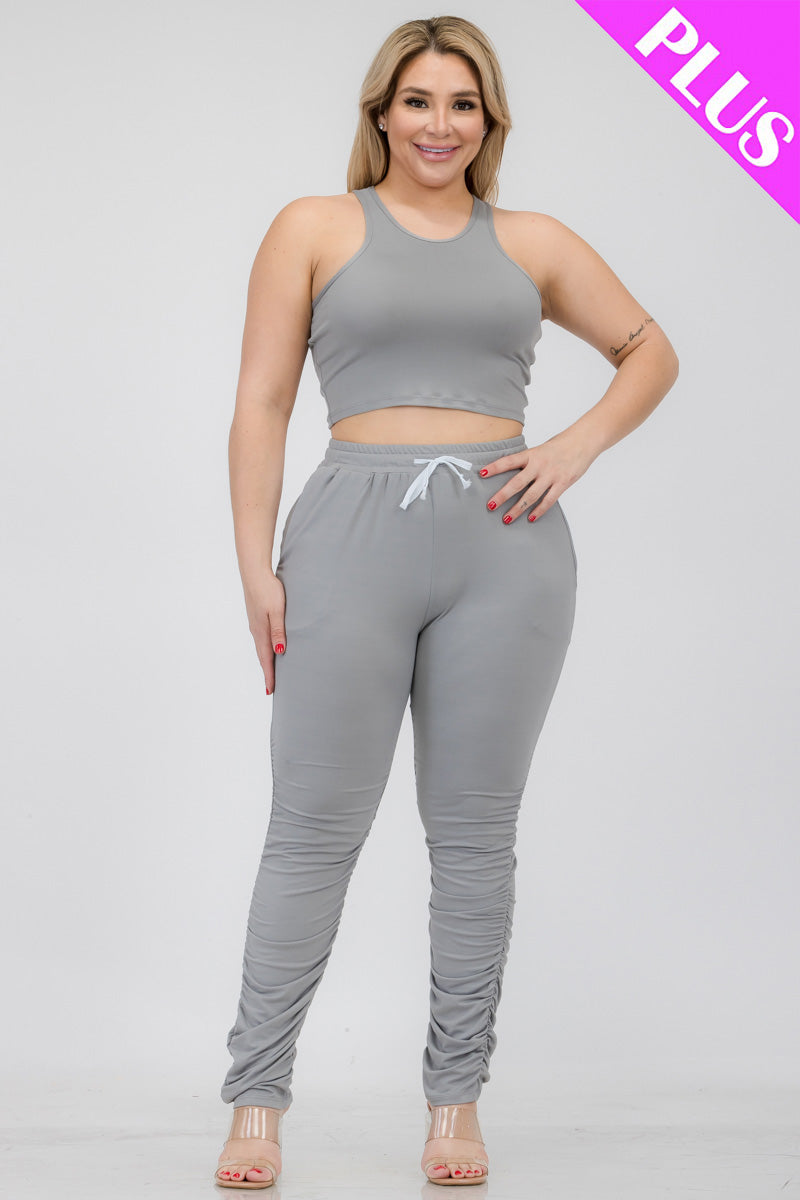 Plus Size Crop Tank Top & Ruched Pants Set (CAPELLA)