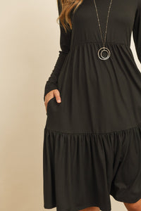 Solid Long Sleeve Double Layered Ruffle Dress