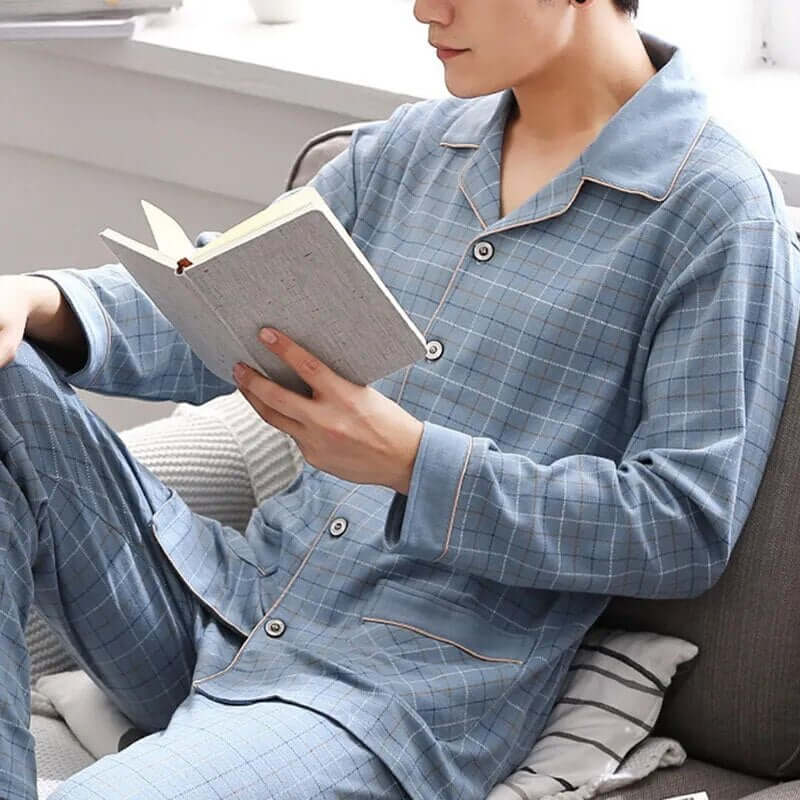 "Men's Long Sleeve Cotton Pajama Set - Cozy Autumn/Winter Loungewear"