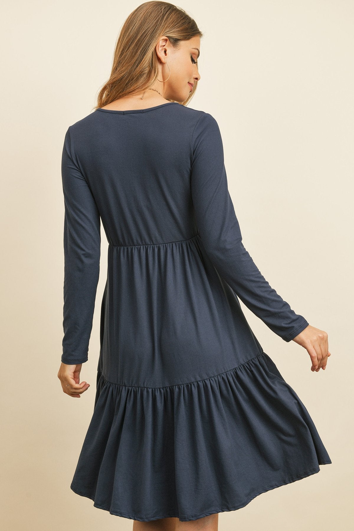 Solid Long Sleeve Double Layered Ruffle Dress