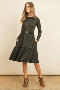 Solid Long Sleeve Double Layered Ruffle Dress