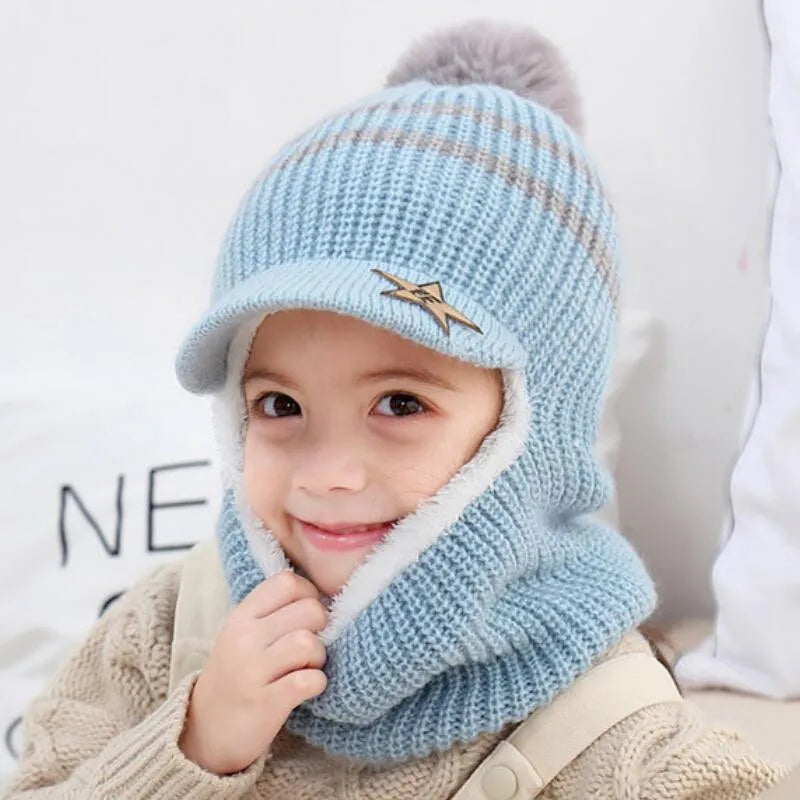 Knit Short Hooded Scarf Kids Hat and Warm Protection Ear Cap Scarves Girls Boy