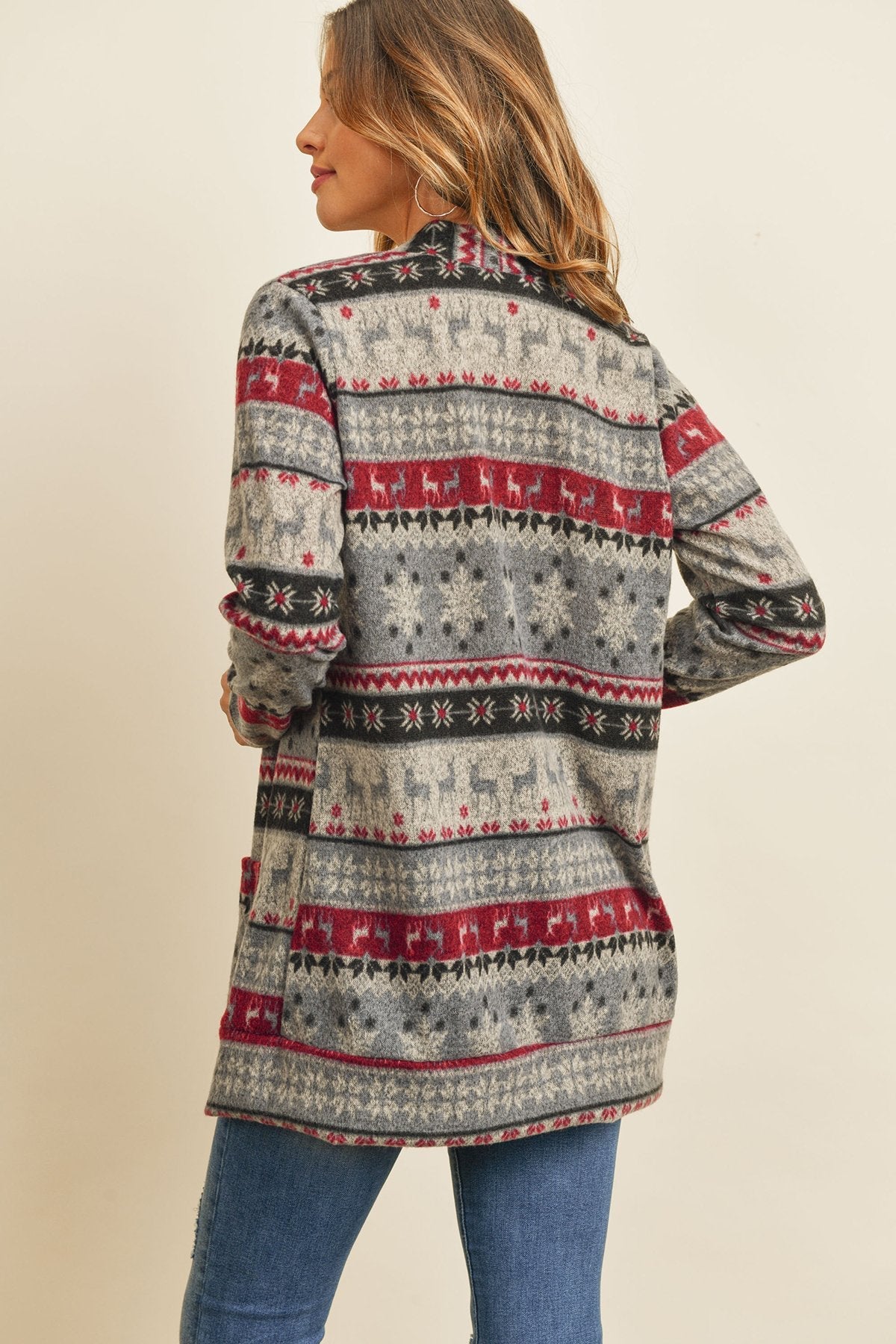 Boho Print Long Sleeved Front Pocket Open Cardigan