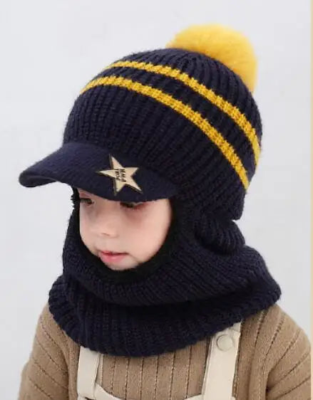 Knit Short Hooded Scarf Kids Hat and Warm Protection Ear Cap Scarves Girls Boy