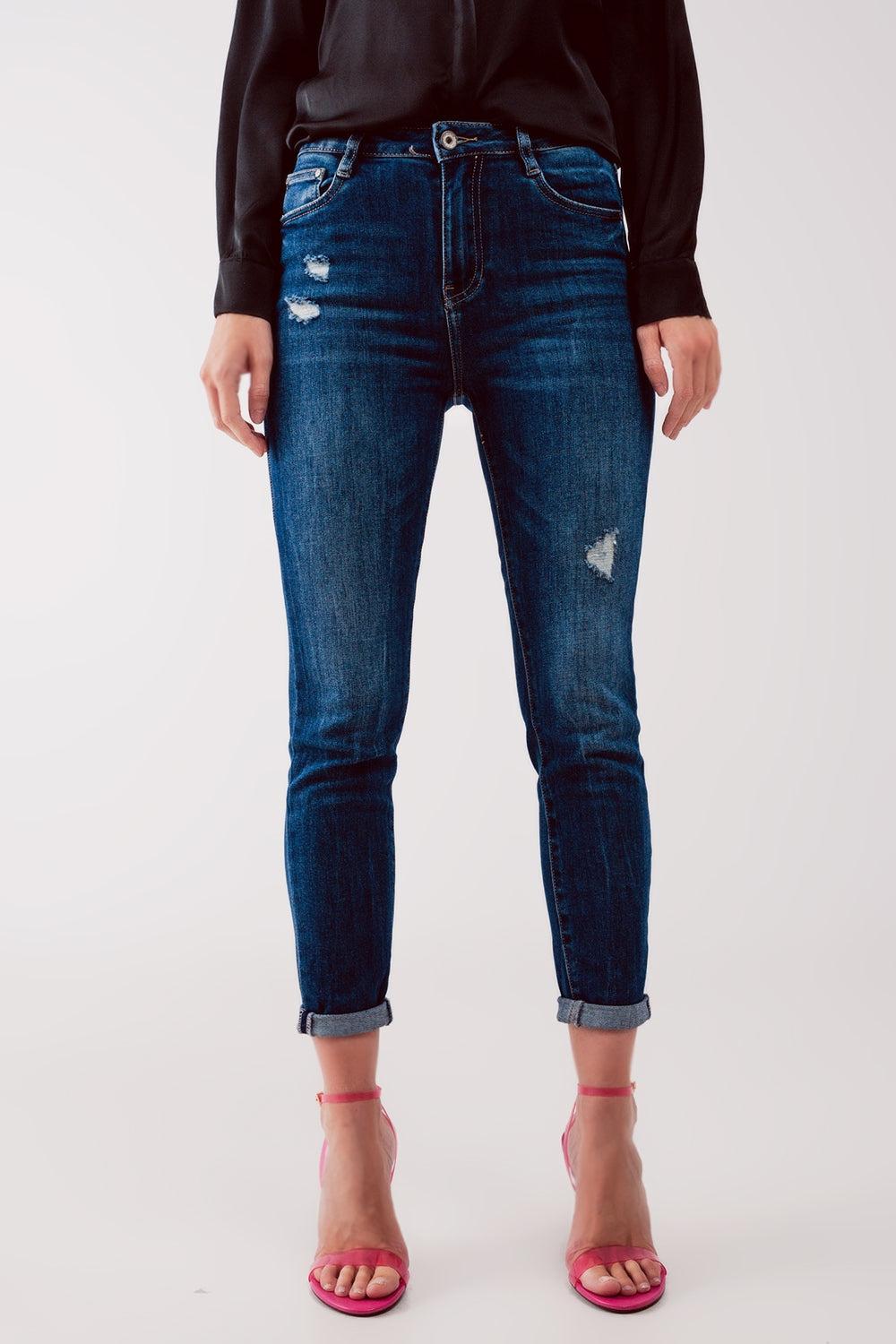 High Waist Ripped Skinny Jeans in Midwash Blue