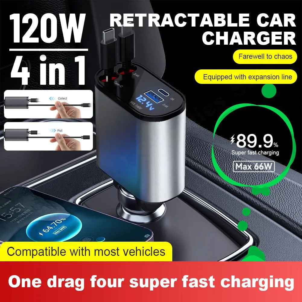 Charge All Your Devices at Once with the 120W 4 in 1 Retractable Car Charger USB Type C Cable for iPhone, and Samsung