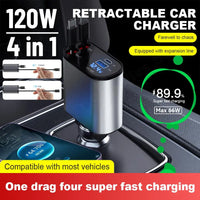 Charge All Your Devices at Once with the 120W 4 in 1 Retractable Car Charger USB Type C Cable for iPhone, and Samsung