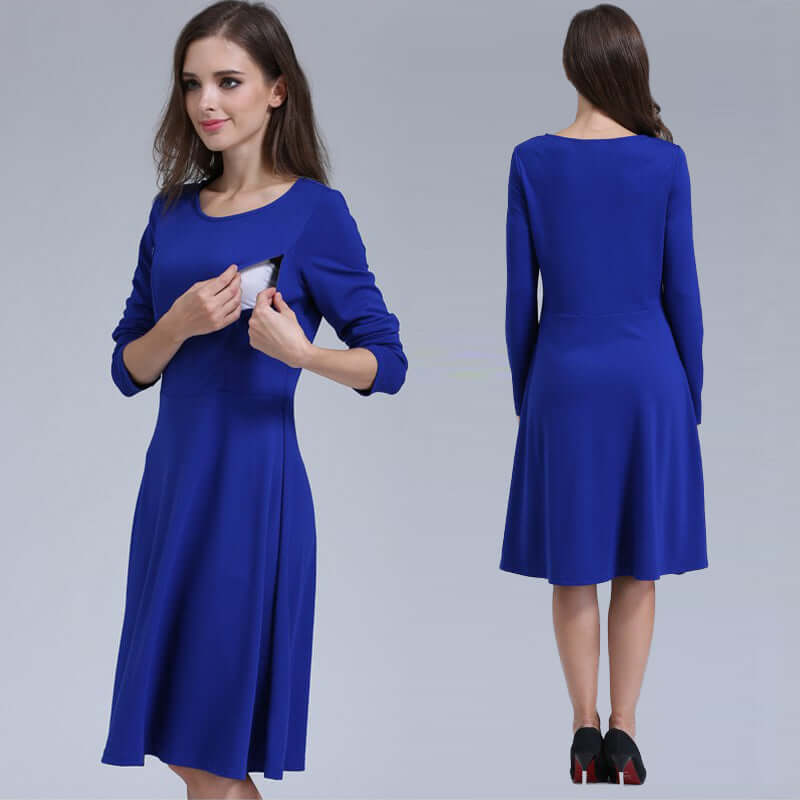 "Comfortable O-Neck Maternity Nursing Dress with Long Sleeves"