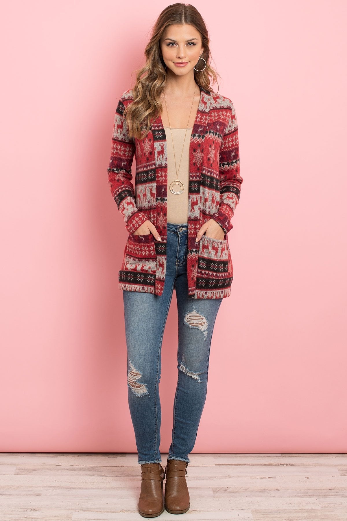 Boho Print Long Sleeved Front Pocket Open Cardigan