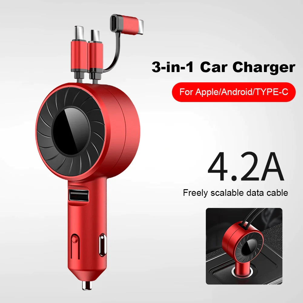 Charge All Your Devices at Once with the 120W 4 in 1 Retractable Car Charger USB Type C Cable for iPhone, and Samsung