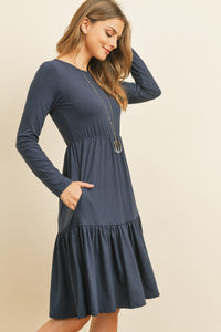 Solid Long Sleeve Double Layered Ruffle Dress