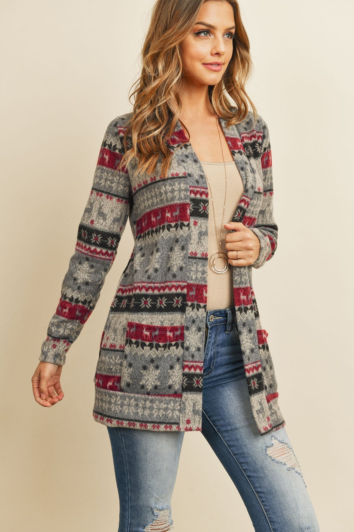 Boho Print Long Sleeved Front Pocket Open Cardigan