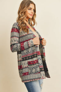 Boho Print Long Sleeved Front Pocket Open Cardigan