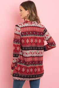 Boho Print Long Sleeved Front Pocket Open Cardigan