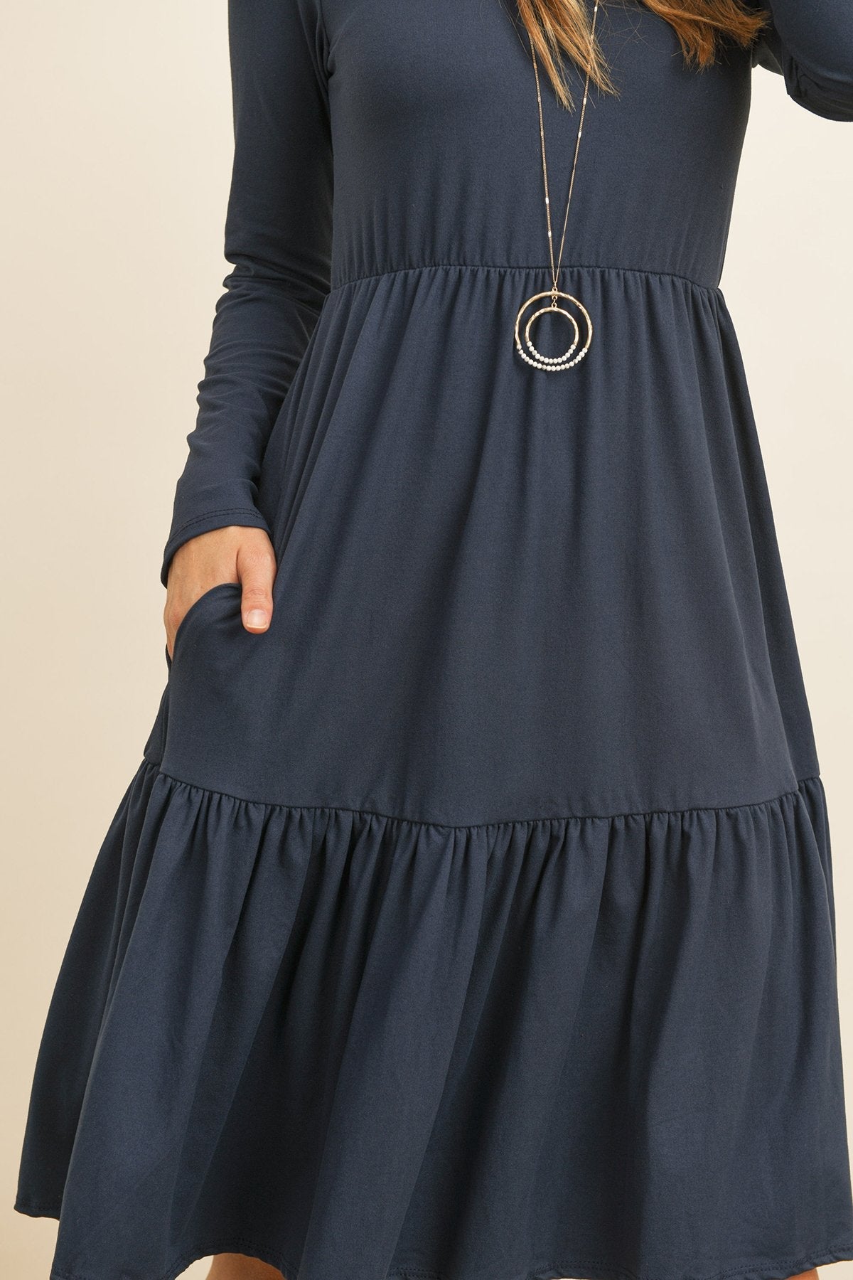 Solid Long Sleeve Double Layered Ruffle Dress