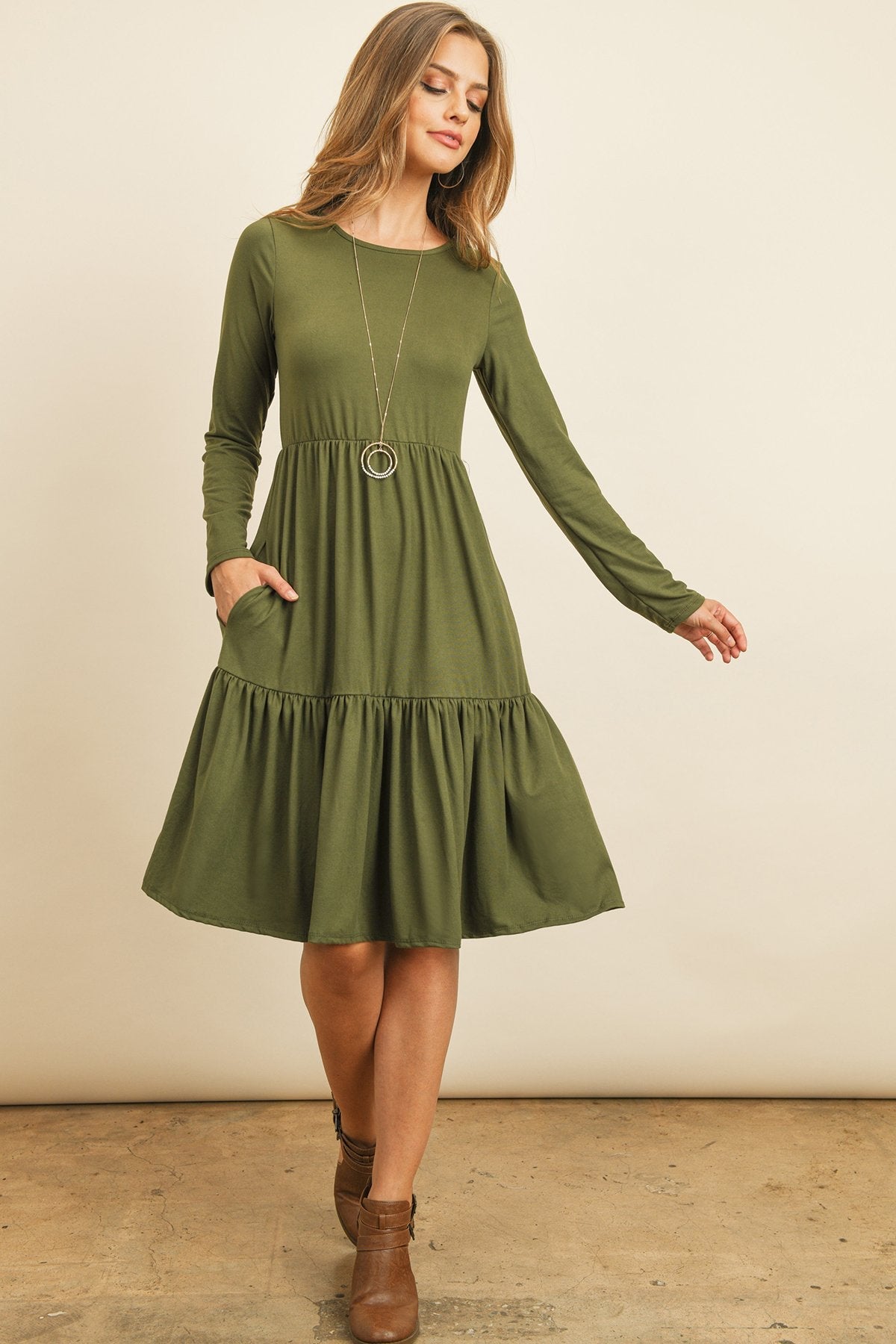 Solid Long Sleeve Double Layered Ruffle Dress