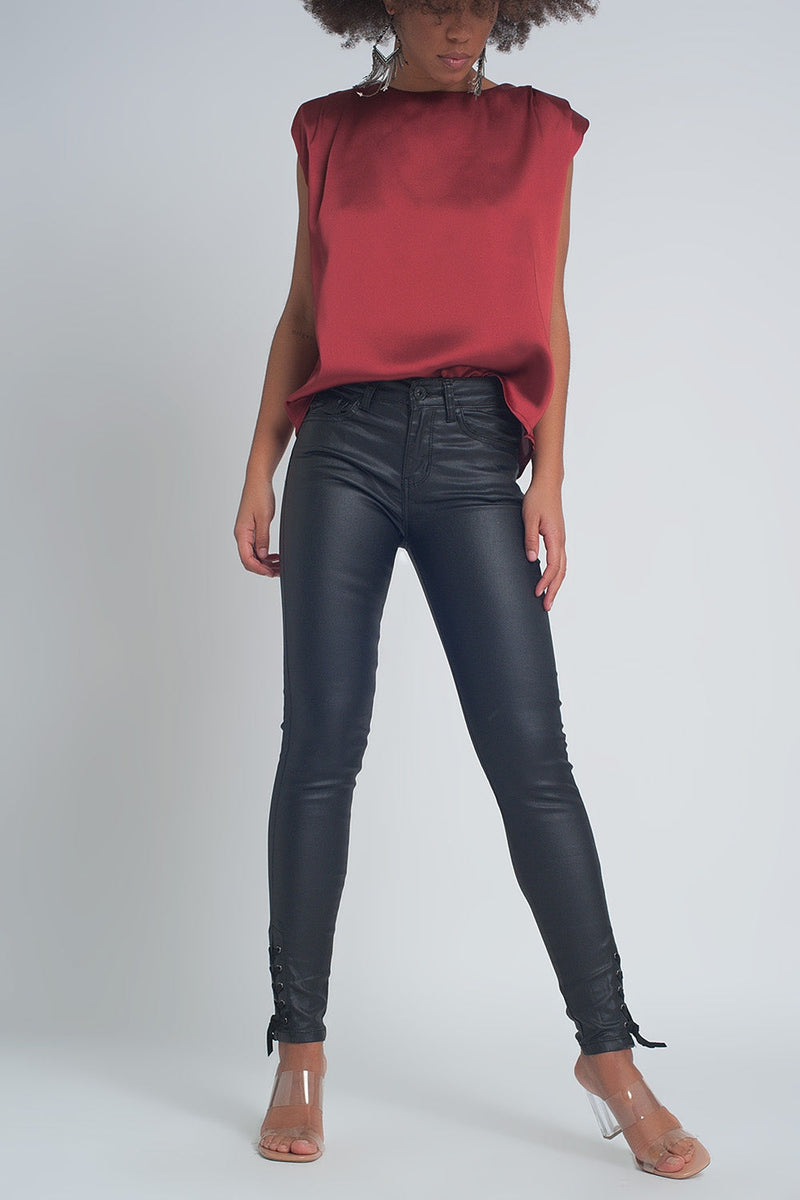 Lace-Up Hem Black Leather-Look Trousers